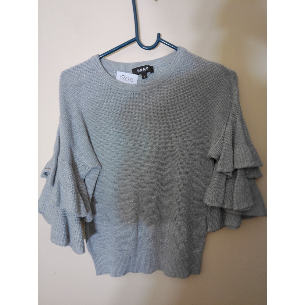 DKNY Ruffle Sleeve Sweater Womens S Silver Metallic Knit Tiered Shimmer Chic